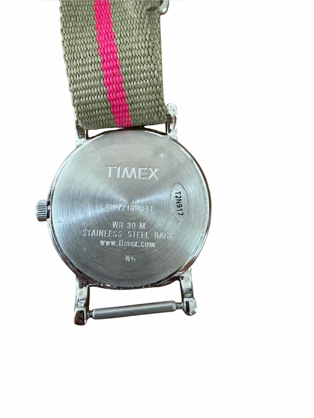 Timex White Dial Watch with Olive and Pink-Striped Strap - Picture 4 of 4